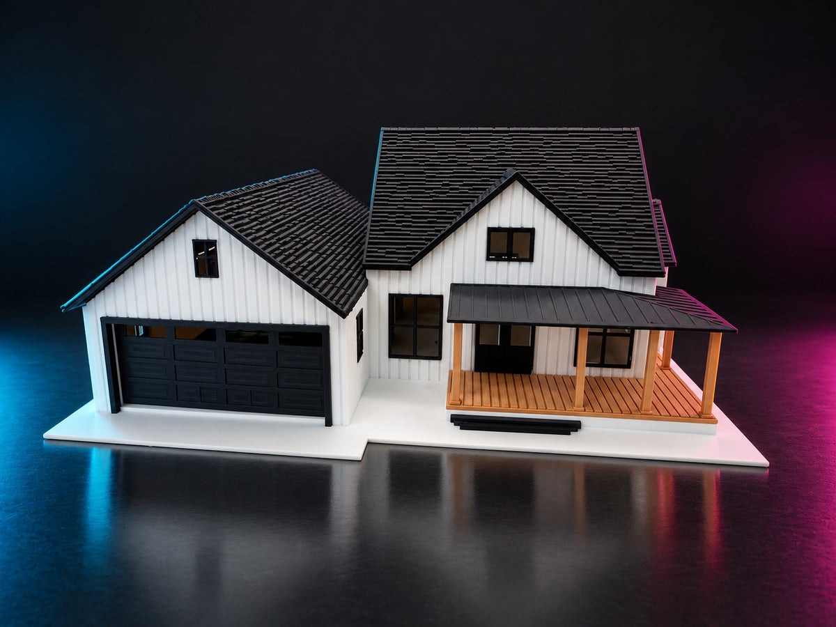 1:64 modern farmhouse diorama, front view of the two-car garage and wood-tone porch