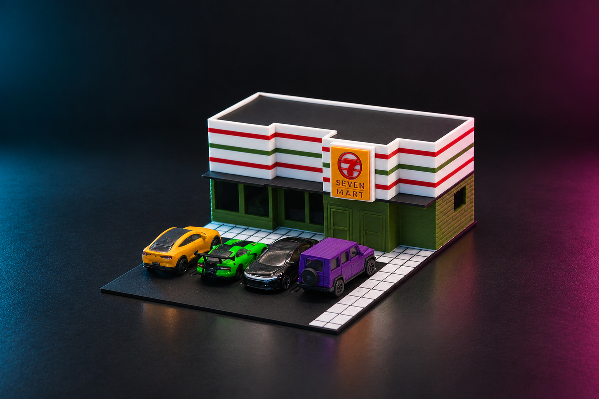 1:64 Seven Mart convenience store diorama with four diecast cars parked in the lot out front