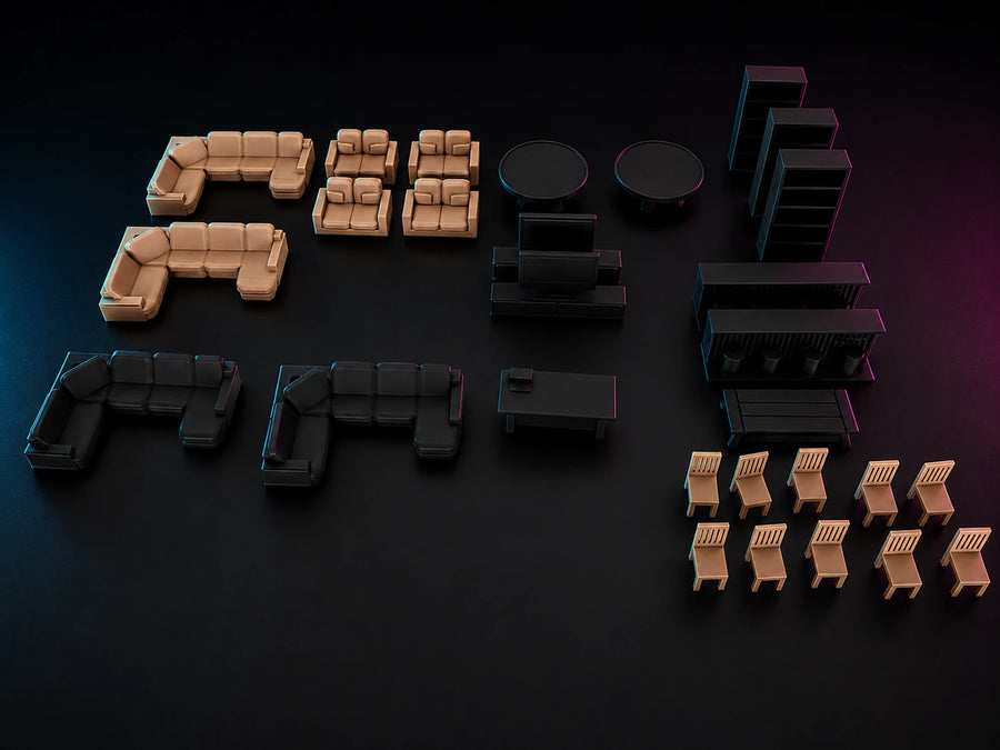 Printed 1:64 furniture laid out in rows on black — sofas, armchairs, coffee and side tables, TV units, shelving and dining chairs.
