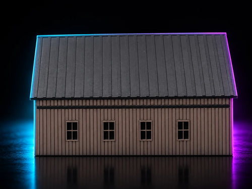 Frame 2 — the long side straight on, four windows under the eave.