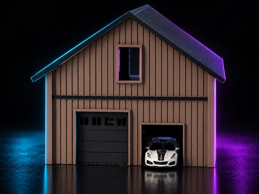 Frame 4 — the gable end, the right bay open with a car inside it.