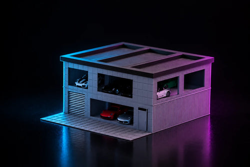 A printed two-storey car showroom lit in cyan and magenta, open display bays on both floors with cars parked at the edge, a louvred roller shutter at the ground-floor corner and a tiled forecourt in front.