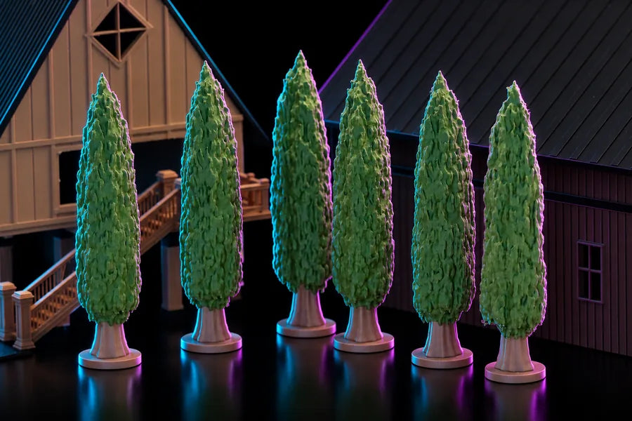Frame 2 — a row of them standing in front of the barn, close enough to read the frond texture down each column and the step in every base.