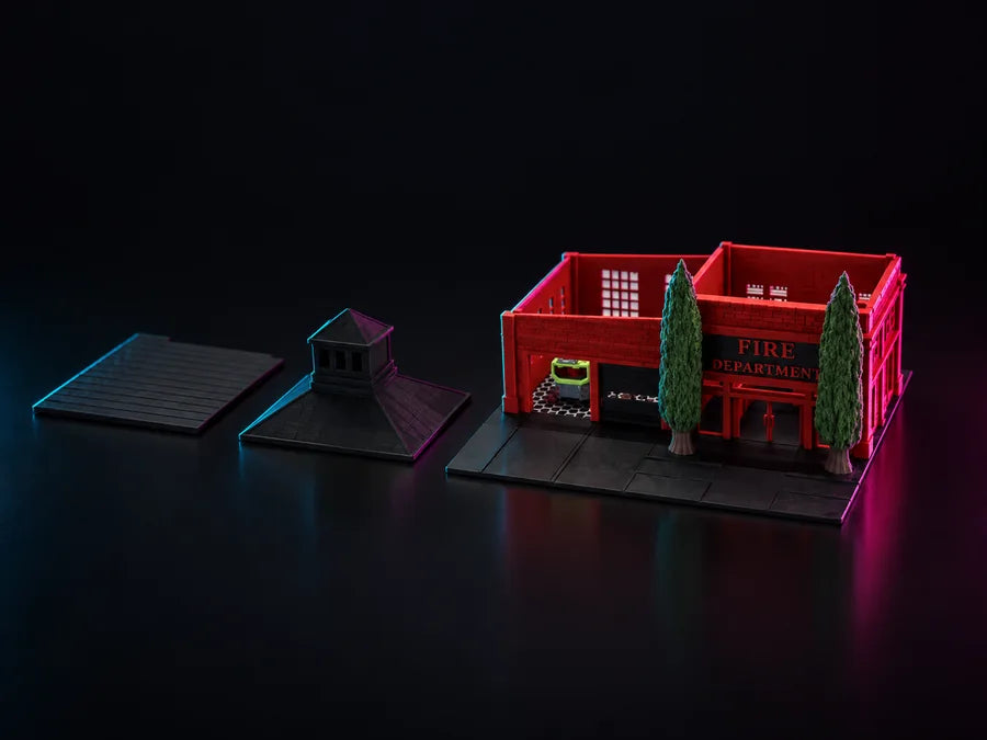 Frame 3 — how it comes apart: base, forecourt, hose tower and shell laid out side by side.