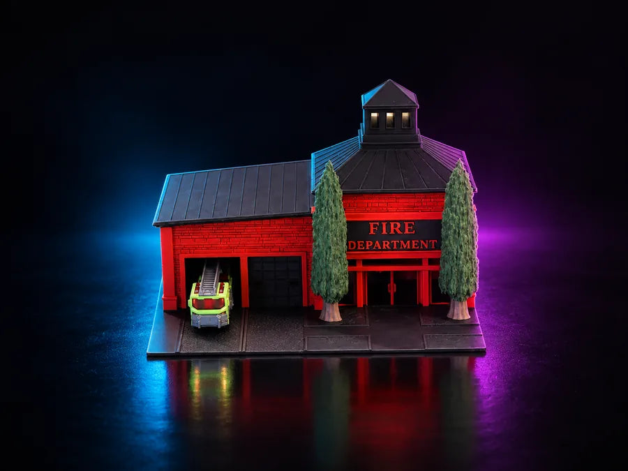 Frame 6 — higher and further round, the hose tower and its louvred cupola against the magenta, a car nosed out of the near bay.