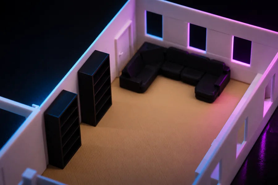Frame 3 — the U-shaped sectional set against the window wall of a printed room, two tall shelving units standing opposite it.