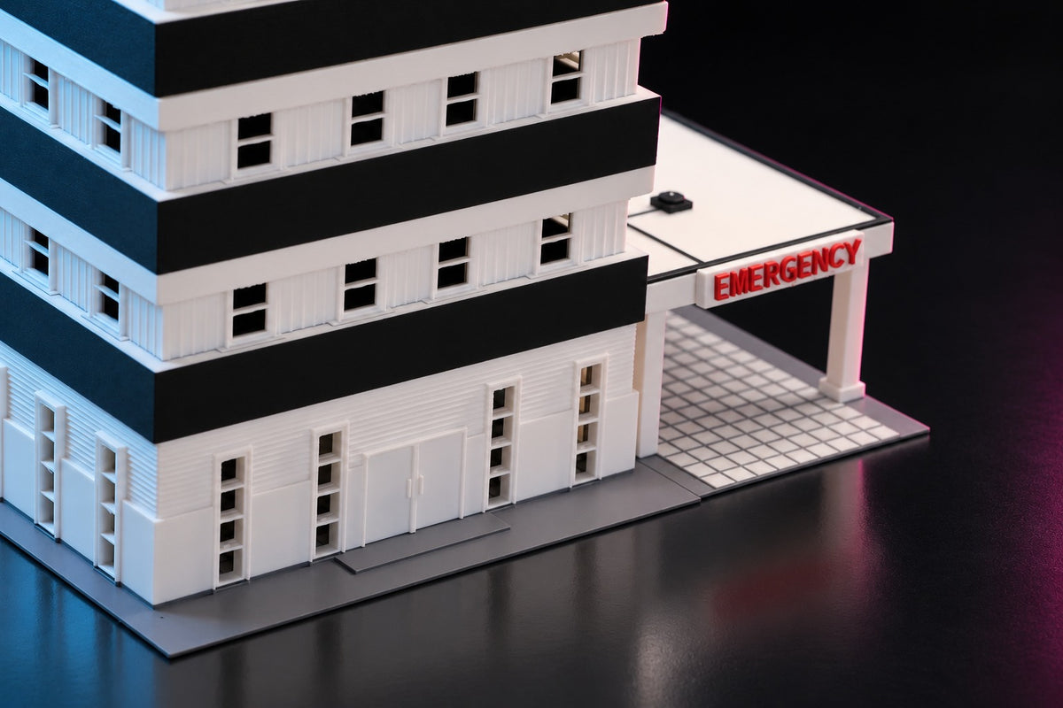 Ground floor of the 1:64 hospital, double entrance doors and the covered EMERGENCY drop-off