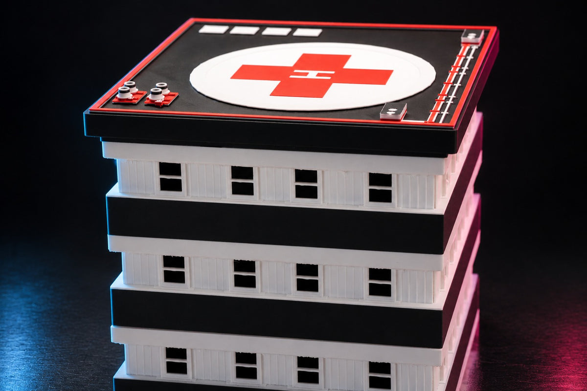 Rooftop helipad on the 1:64 hospital, red cross landing pad and edge lights