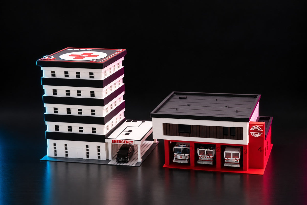 The 1:64 hospital beside our Modern Fire Station, which is sold separately