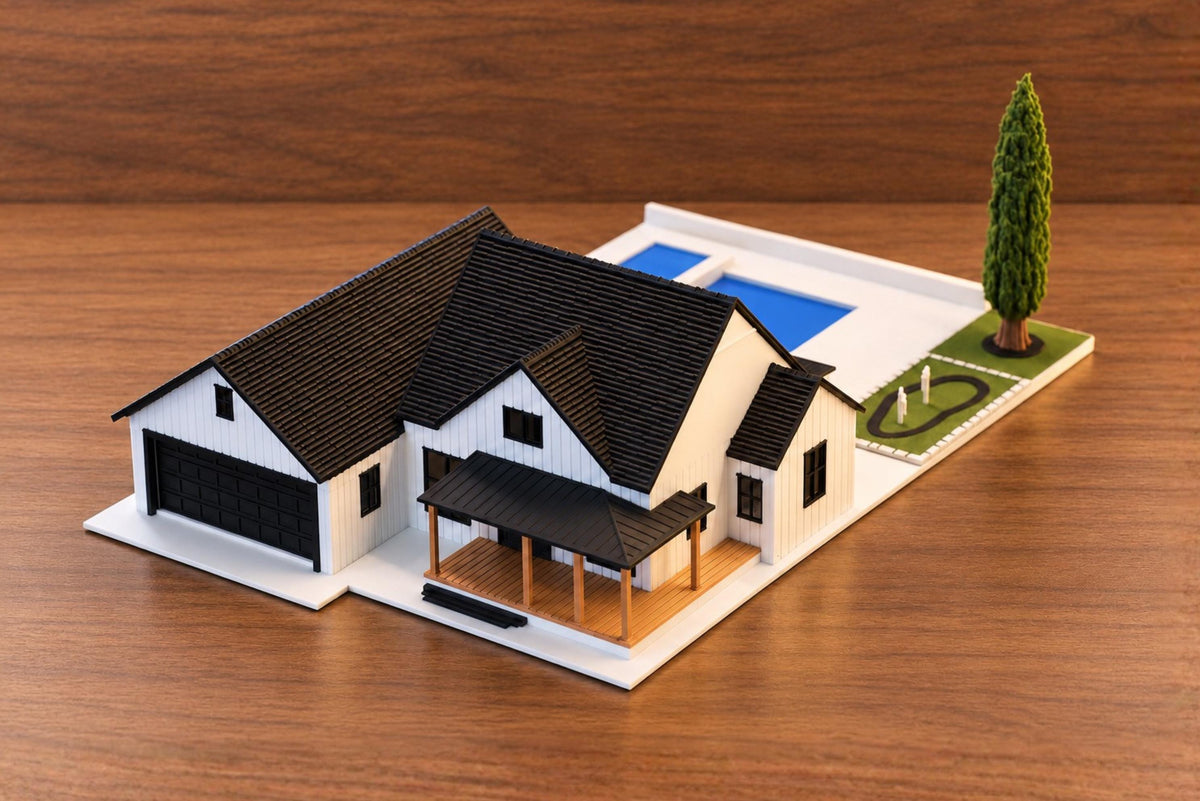 1:64 modern farmhouse diorama with the pool, putting green and cypress tree behind the house