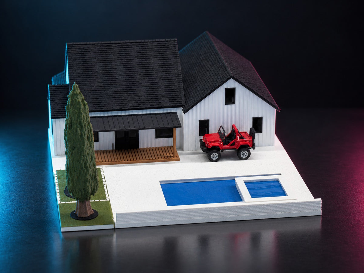 The full 1:64 modern farmhouse set with the pool, putting green, cypress tree and a red diecast off-roader