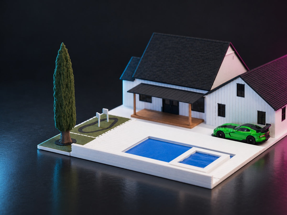 Green diecast sports car beside the pool, putting green and cypress tree of the 1:64 modern farmhouse