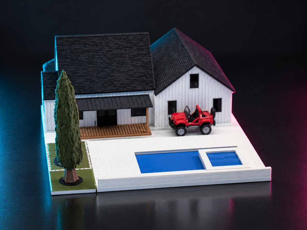1:64 modern farmhouse backyard with the pool, cypress tree and a red diecast car