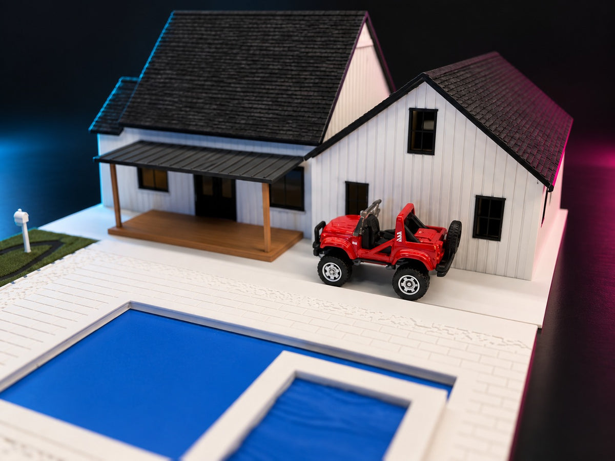 Pool deck and back porch of the 1:64 modern farmhouse with a red diecast off-roader