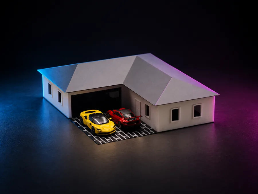 Frame 2 — the other three-quarter, two cars nosed into the bay and the roof running back over the second wing.