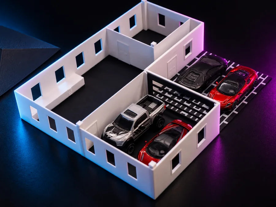 Frame 4 — the plan from above, rooms dressed, cars on the brick apron in front of the bay.