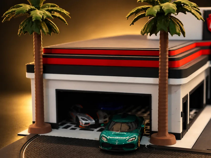 Frame 8 — in close at street level, a green car nosed out of the open bay between two palms.