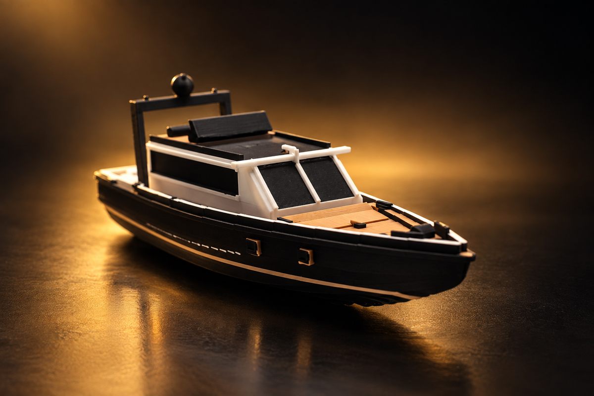 The marked piece for the RPM Dealership run: a printed motor yacht in black and white with a wood-tone deck, lit gold.