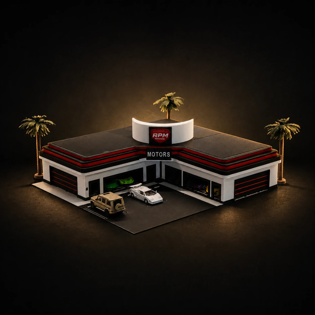 The RPM Motors dealership, printed in gold and black with a glass showroom front and palm trees on the forecourt.