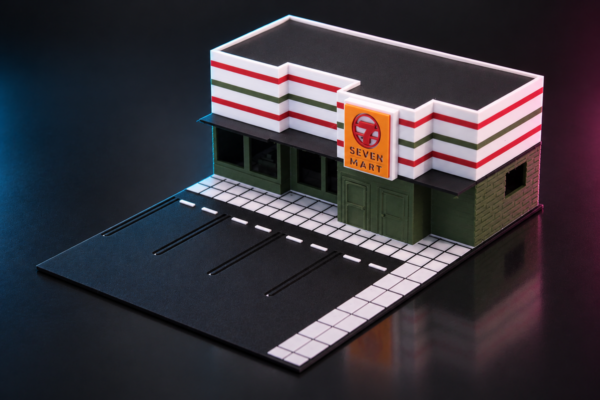 Seven Mart 1:64 diorama with an empty four-car parking lot and the white, red and green striped storefront