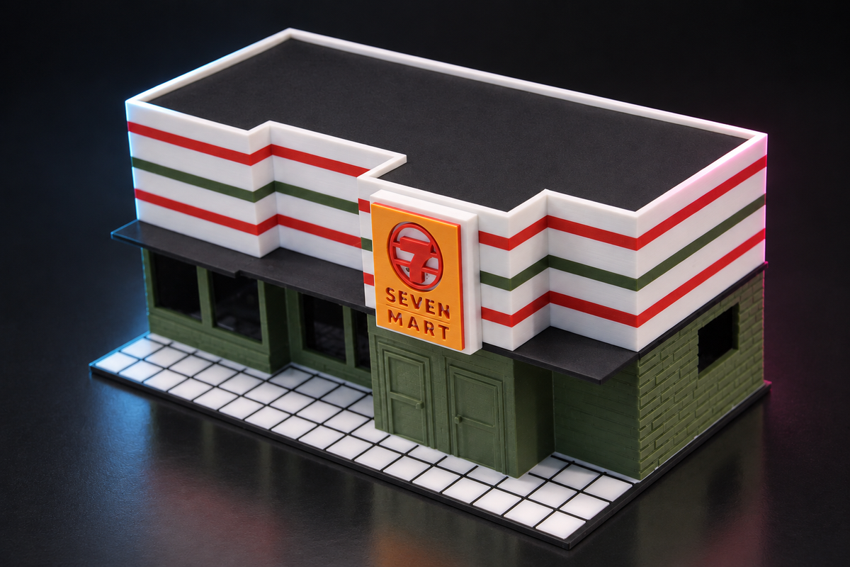The 1:64 Seven Mart store on its tiled sidewalk, green brick walls and double doors under the orange sign