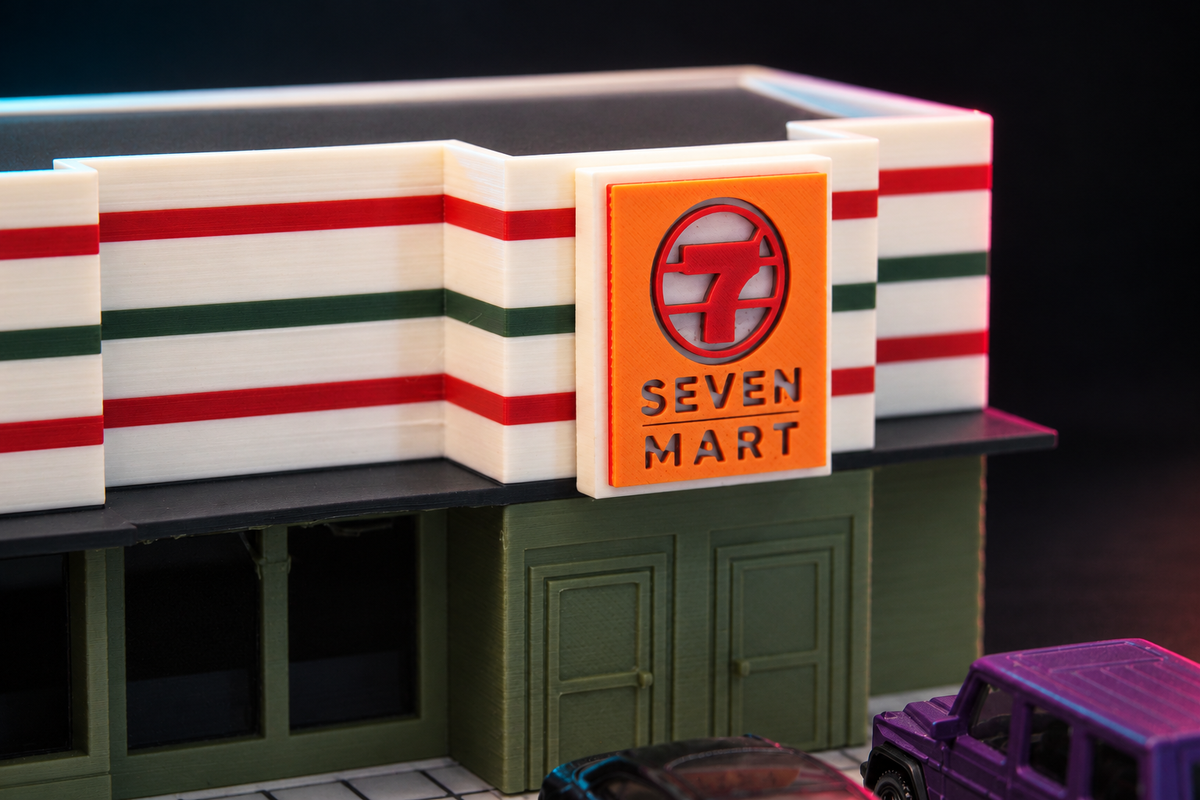 Close-up of the raised orange Seven Mart sign over the striped storefront