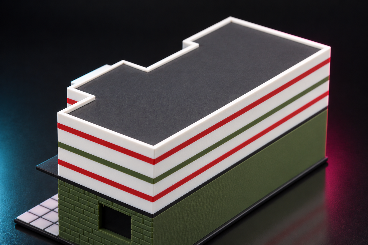Rear three-quarter view of the 1:64 Seven Mart convenience store, green brick back wall