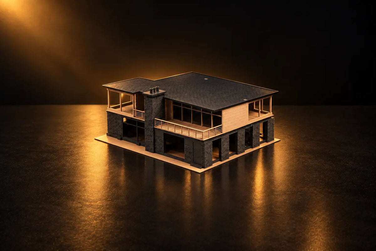 The Tahoe Modern alone at a three-quarter angle in a pool of gold light: dark stone ground floor and chimney, pale timber upper floor and decks under a flat roof.