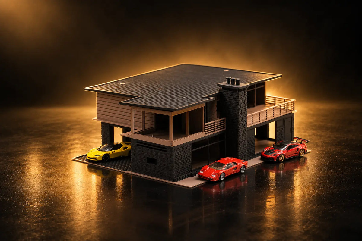 Tahoe Modern at a three-quarter angle in gold light: dark stone ground floor, timber upper floor and decks, a yellow car in the carport and two red cars along the front.