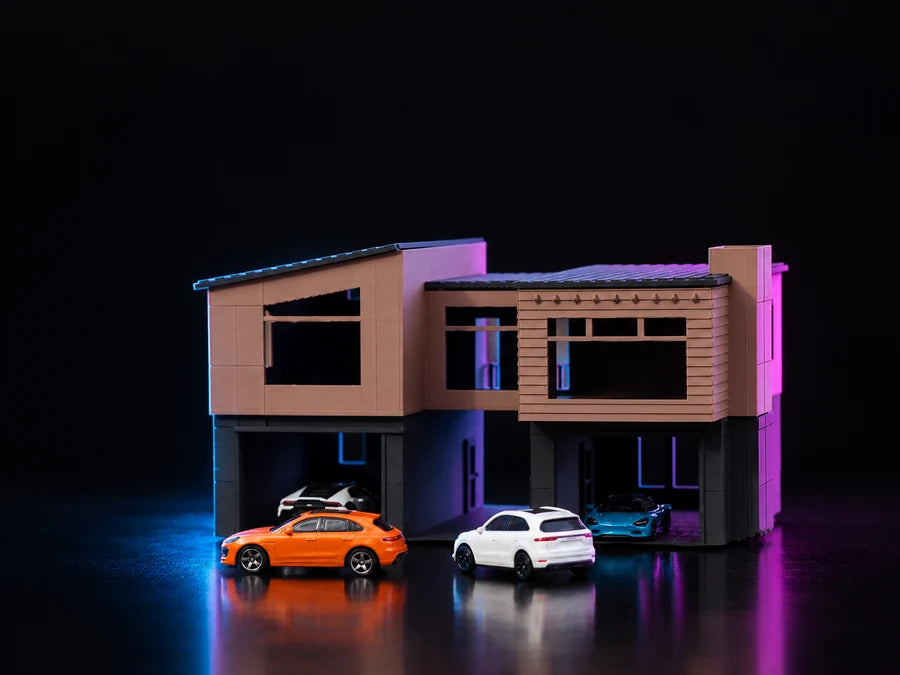 Frame 3 — square to the front, two cars nosed into the bays beneath the overhang.