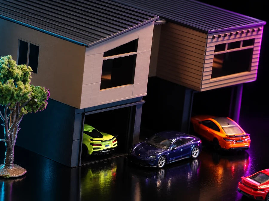 Frame 4 — low across the front, both bays open with cars nosed in and the upper floor carried out over them.