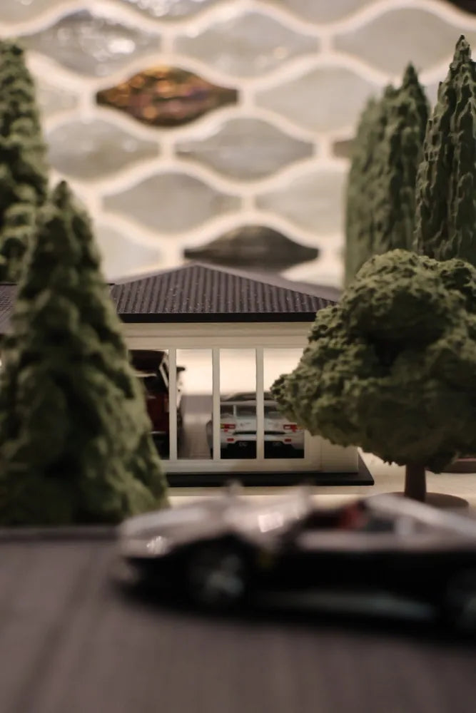 A dark car blurred across the foreground, a printed house standing behind it between two large trees.