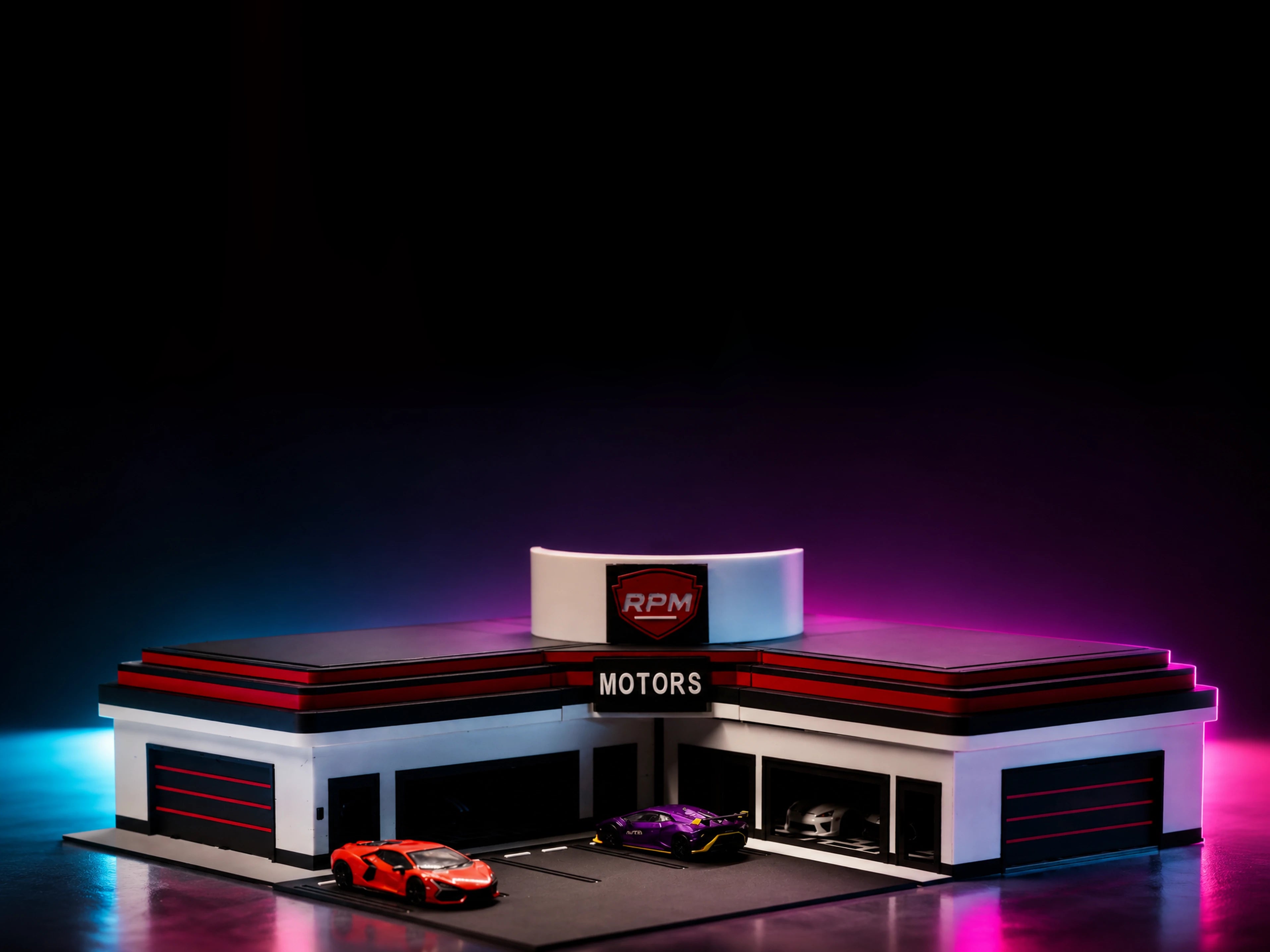 RPM Motors — a printed diorama dealership lit in magenta and cyan, two 1:64 cars parked out front.