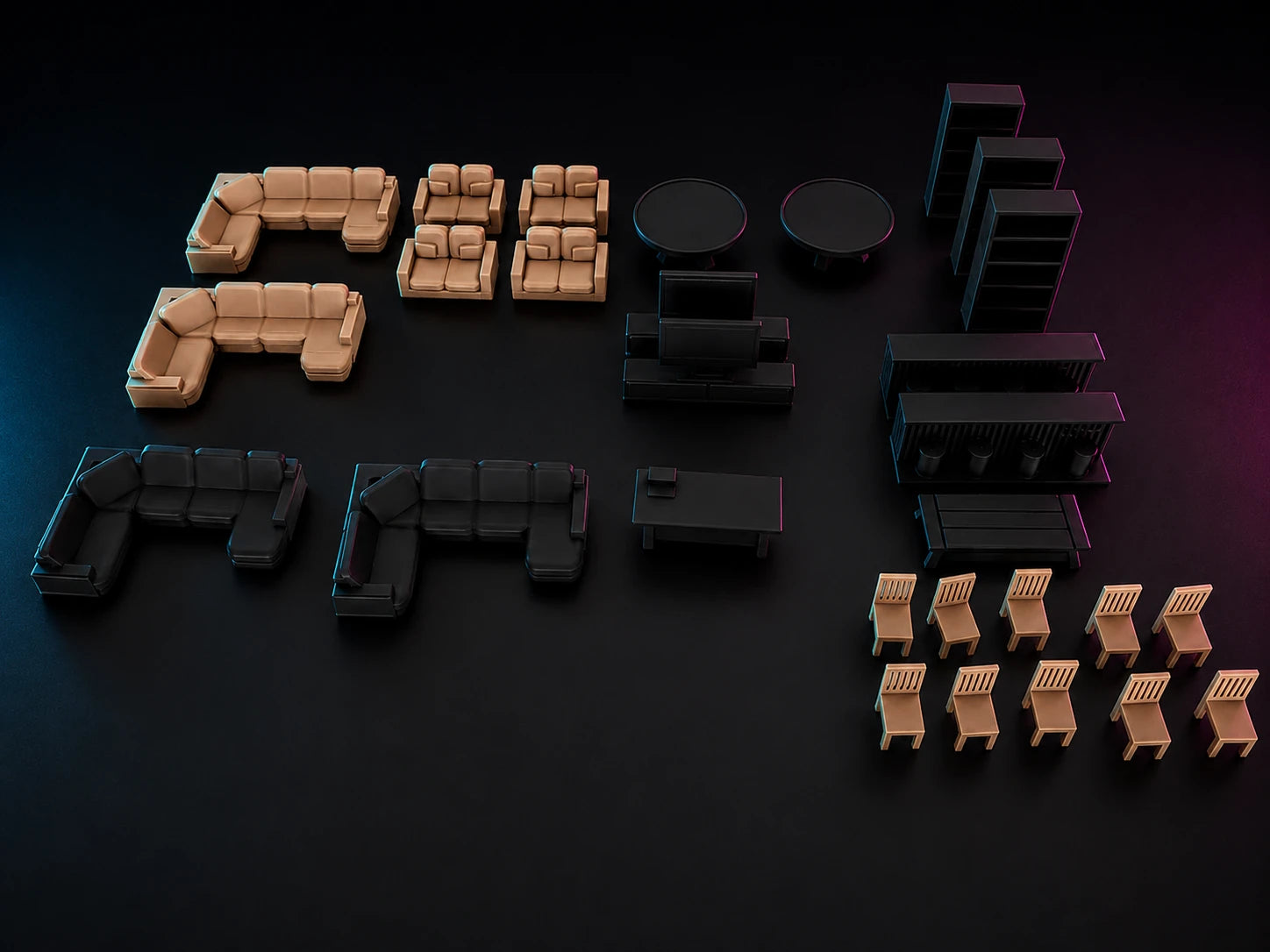 A full set of printed 1:64 furniture laid out on black — sofas, armchairs, coffee and side tables, TV units, shelving and a run of dining chairs, lit in magenta and cyan.
