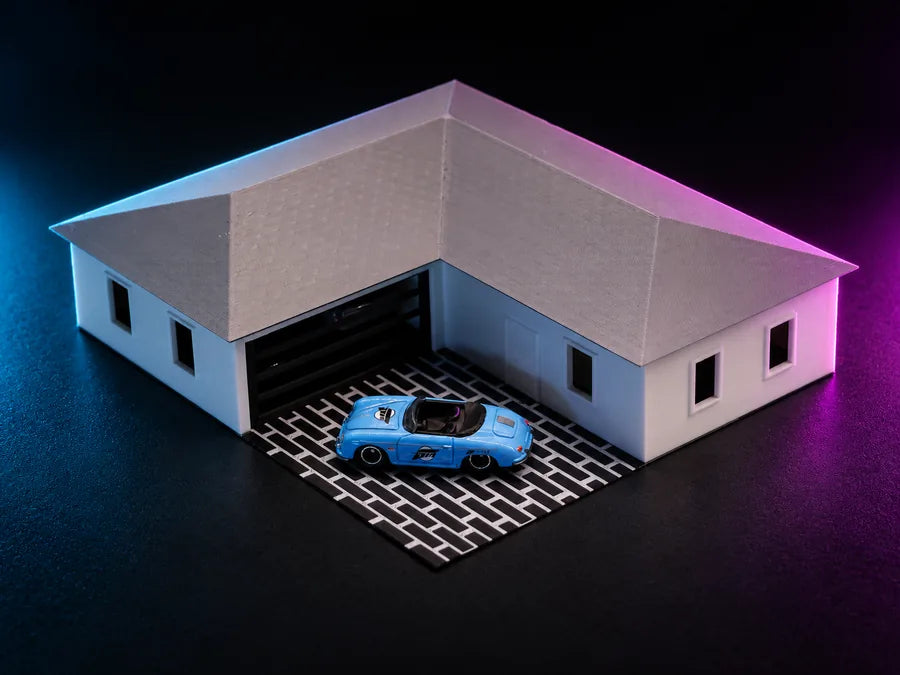 A printed single-storey suburban house lit in cyan and magenta, bone walls under a silver-grey hipped roof, a louvred garage door in the open bay and a blue car on the brick apron.