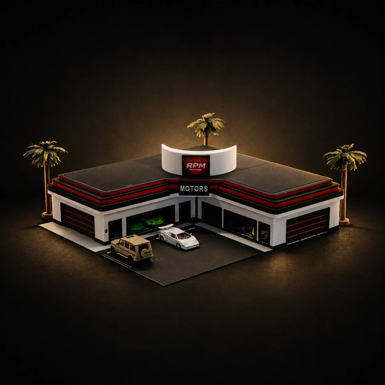 The RPM Motors dealership, printed in gold and black with a glass showroom front and palm trees on the forecourt.