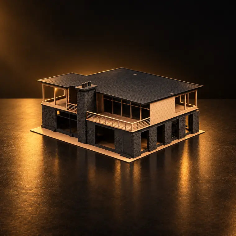 The Tahoe Modern at a three-quarter angle in gold light: dark stone ground floor and chimney, pale timber upper floor and decks under a flat roof.