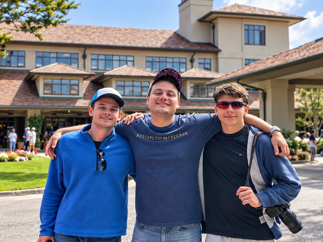 Three young men standing arm in arm in bright daylight
                  outside a large shingled clubhouse, smiling at the camera.